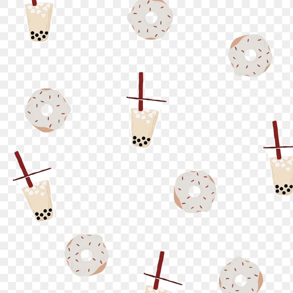 Boba tea patterned background png with white sprinkle donut cute hand drawn style