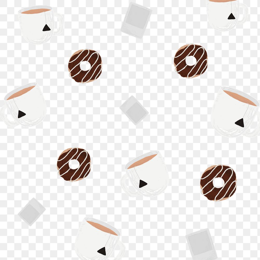 Tea cup patterned background png with chocolate donut cute hand drawn style
