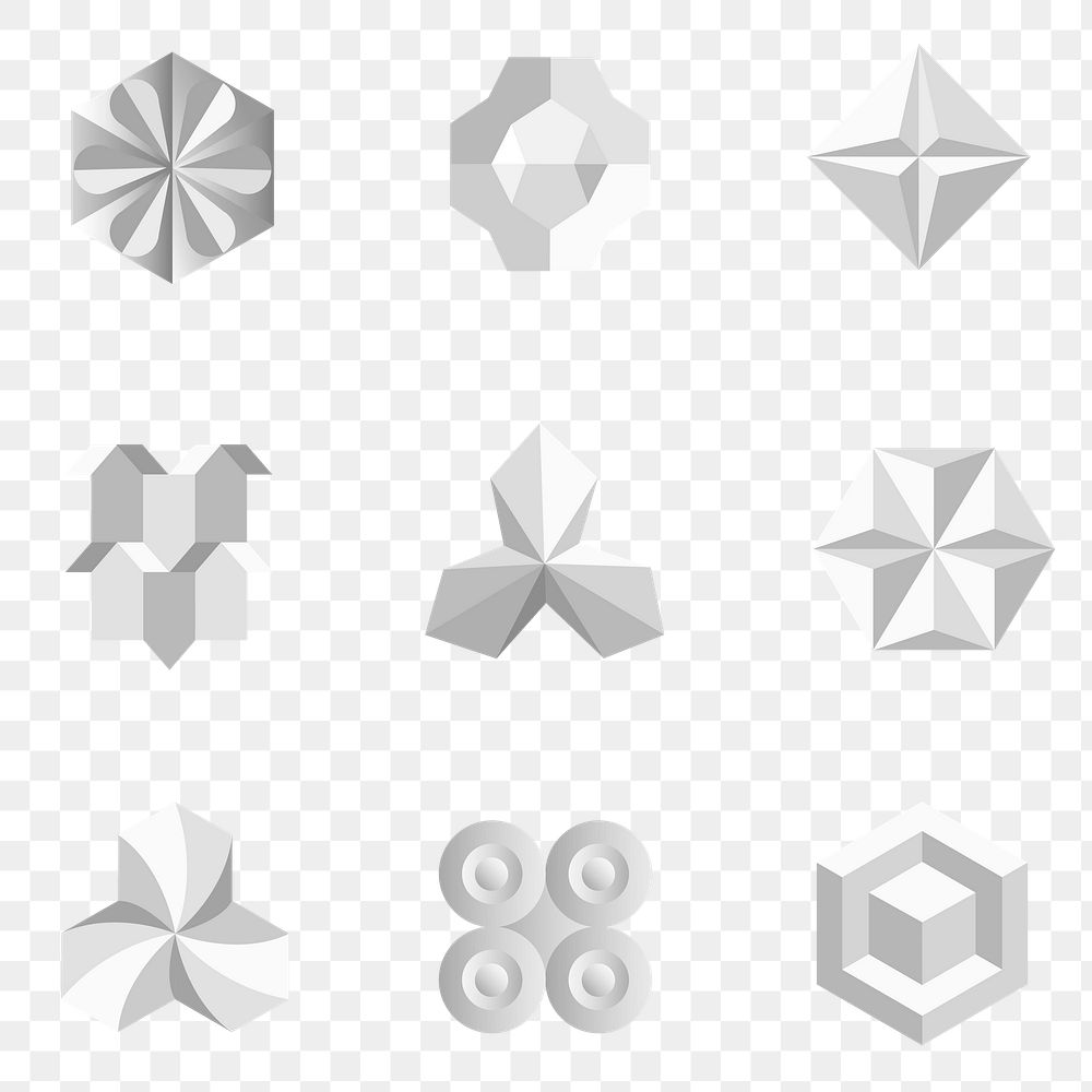 3D geometric shapes png in grey abstract style set