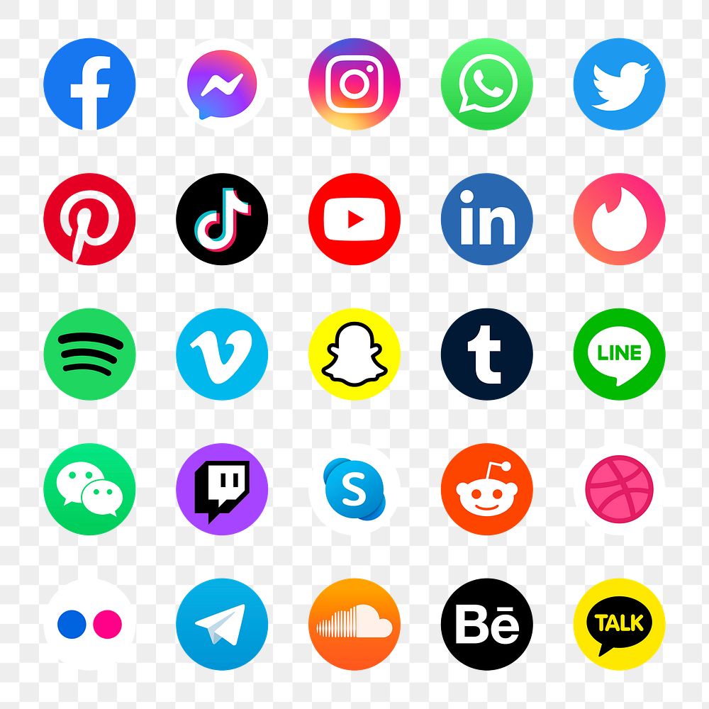 PNG social media icons set with Facebook, Instagram, Twitter, TikTok, YouTube logos