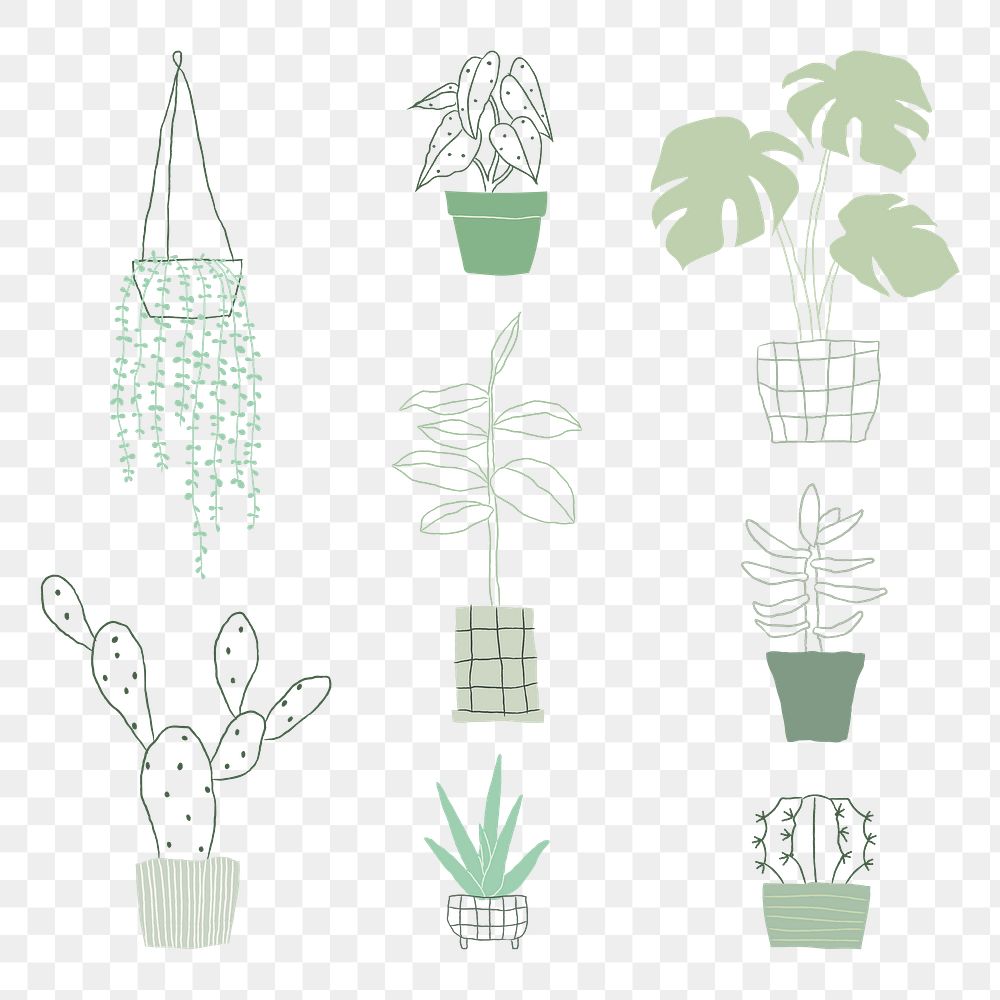 Green doodle png plant sticker set