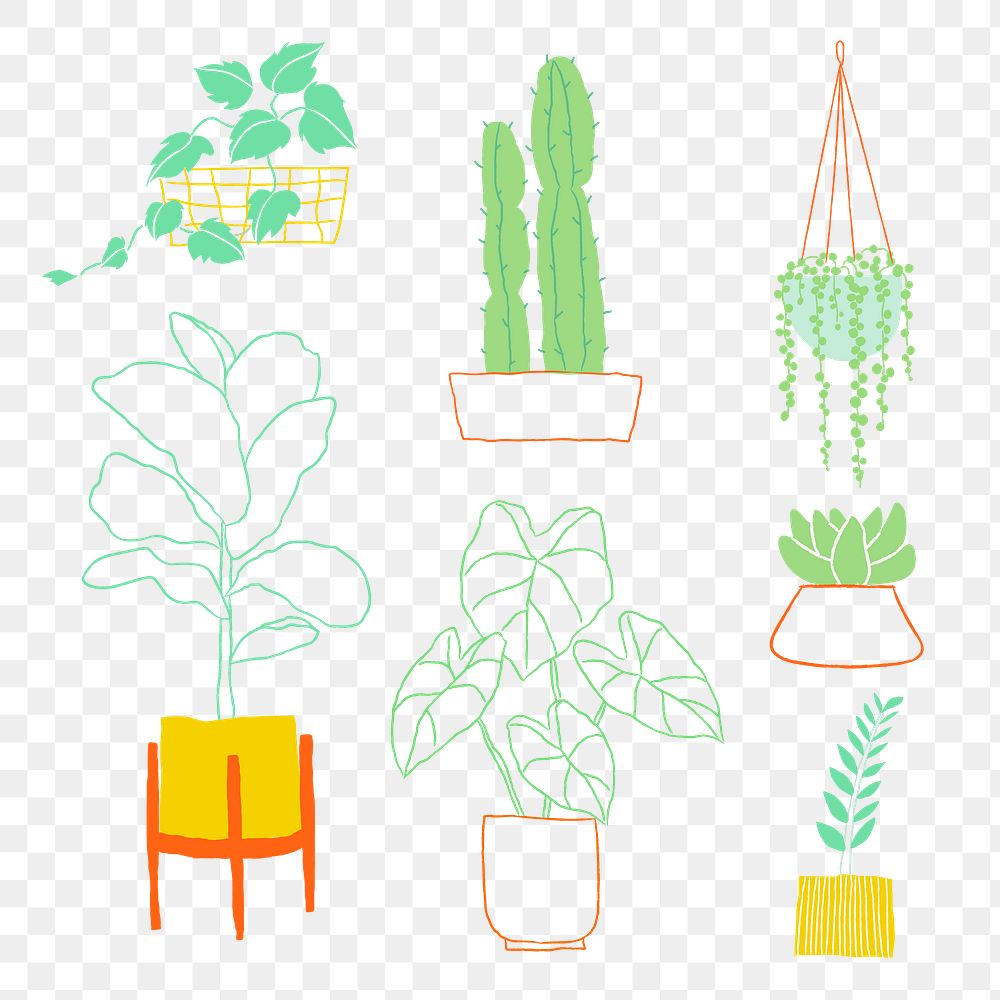 Colorful plant doodle png sticker set