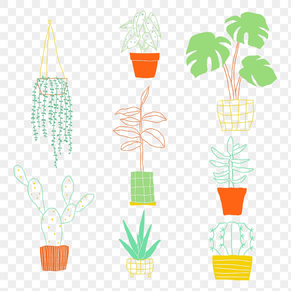 Houseplant png colorful sticker doodle set