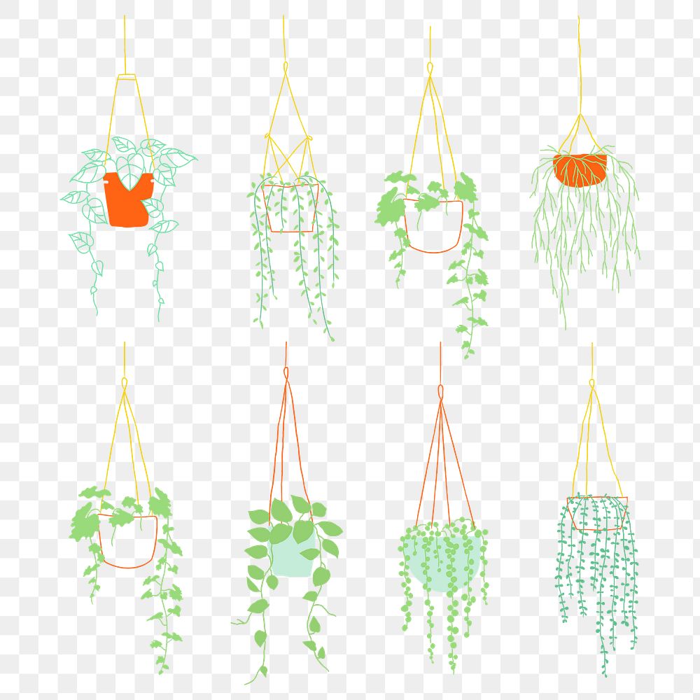 Cute hanging plant png doodle set