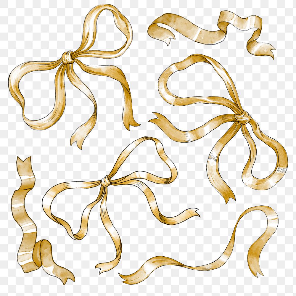 Gold ribbon png bow design element set