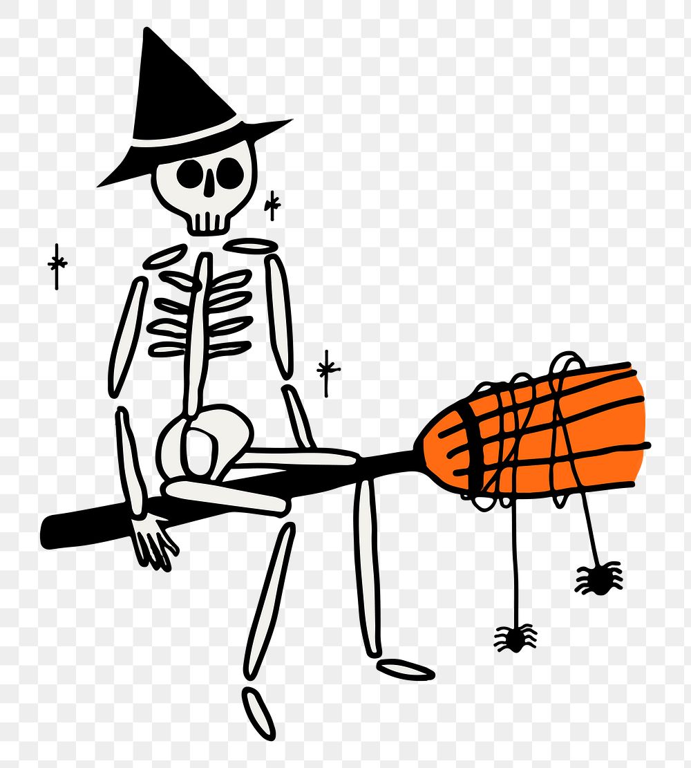 Halloween PNG sticker, hand drawn skeleton witch doodle