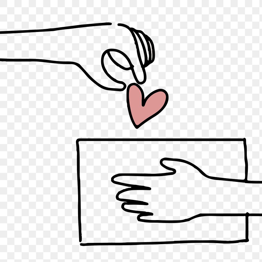 Charity png sticker doodle hand giving heart, donation concept