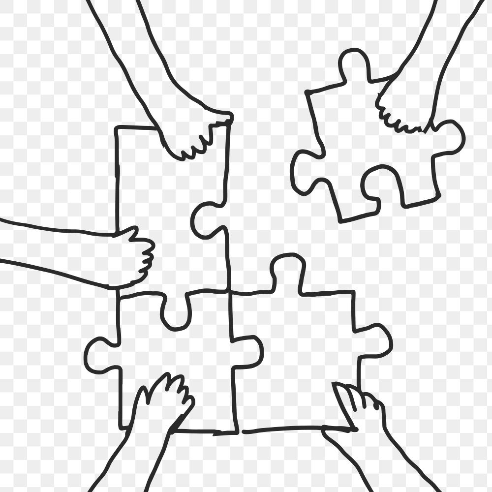 Teamwork png doodle hands connecting puzzle jigsaw