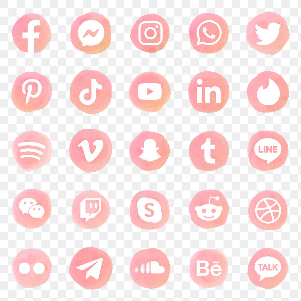 PNG social media icons  set watercolor with Facebook, Instagram, Twitter, TikTok, YouTube etc