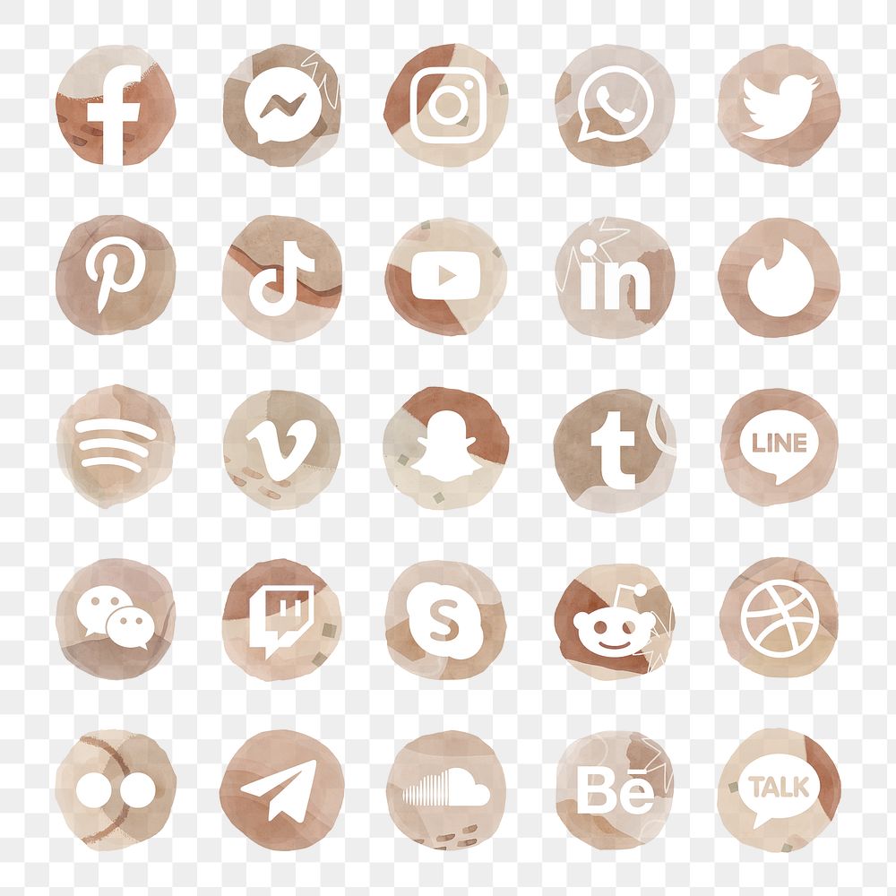 PNG social media icons  set watercolor with Facebook, Instagram, Twitter, TikTok, YouTube etc