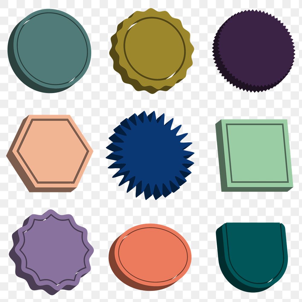 Png colorful blank badges set in 3D retro style