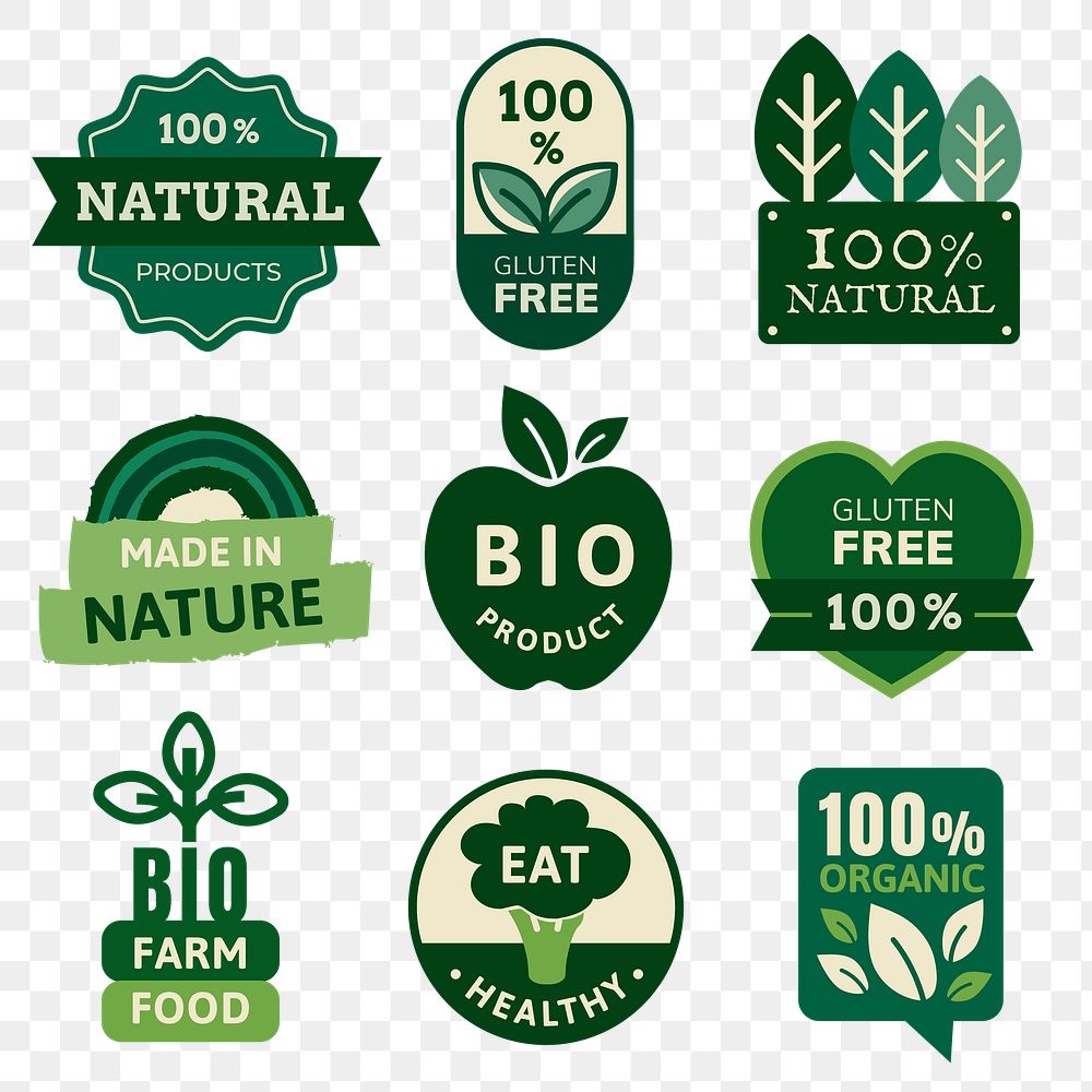Png organic products badges set for food marketing campaigns