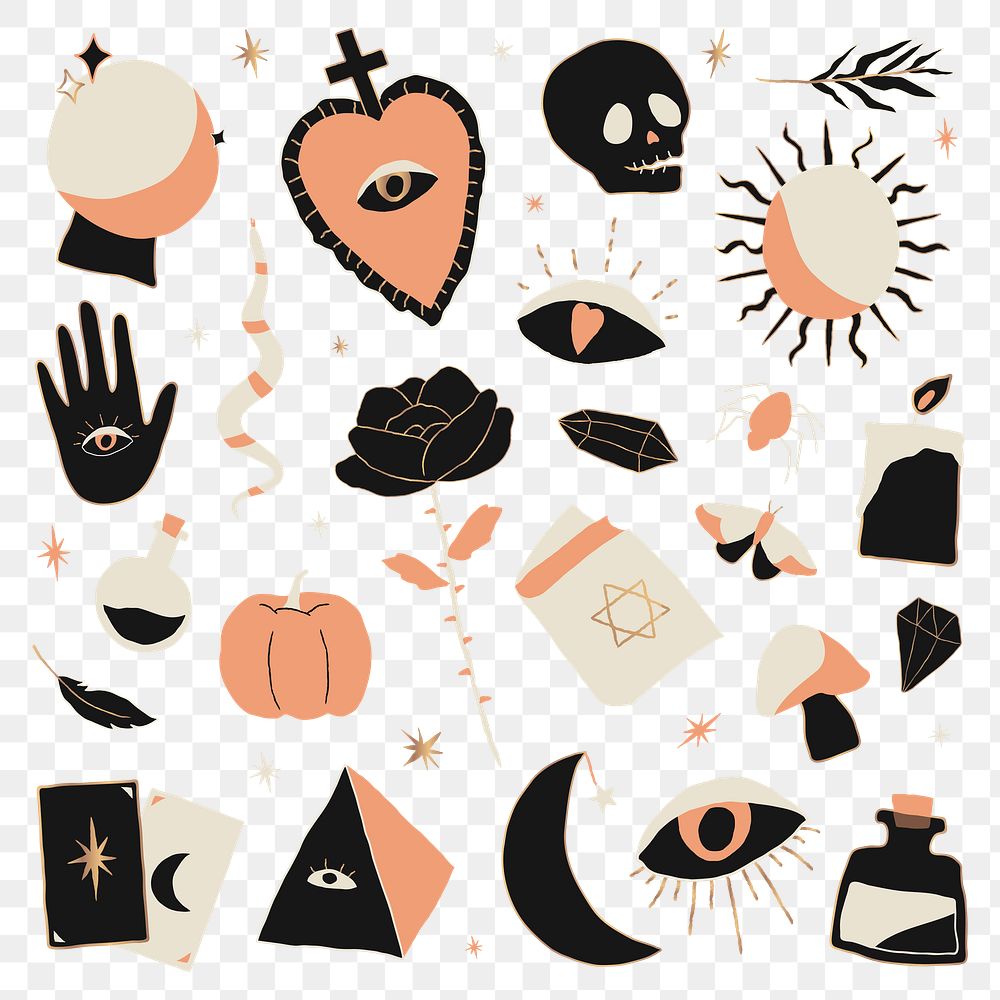 Boho witchcraft Halloween doodle png pattern background