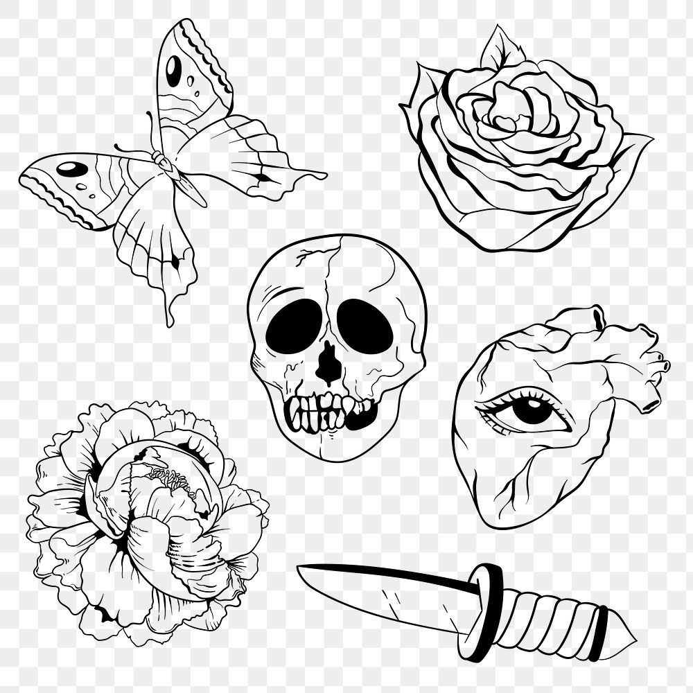 Black and white old school flash tattoo outline png vintage symbol collection