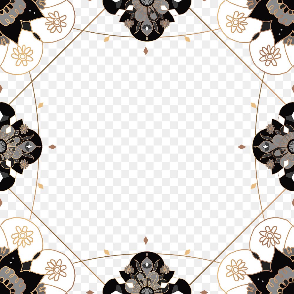 Gold Mandala pattern png frame black botanical Indian style