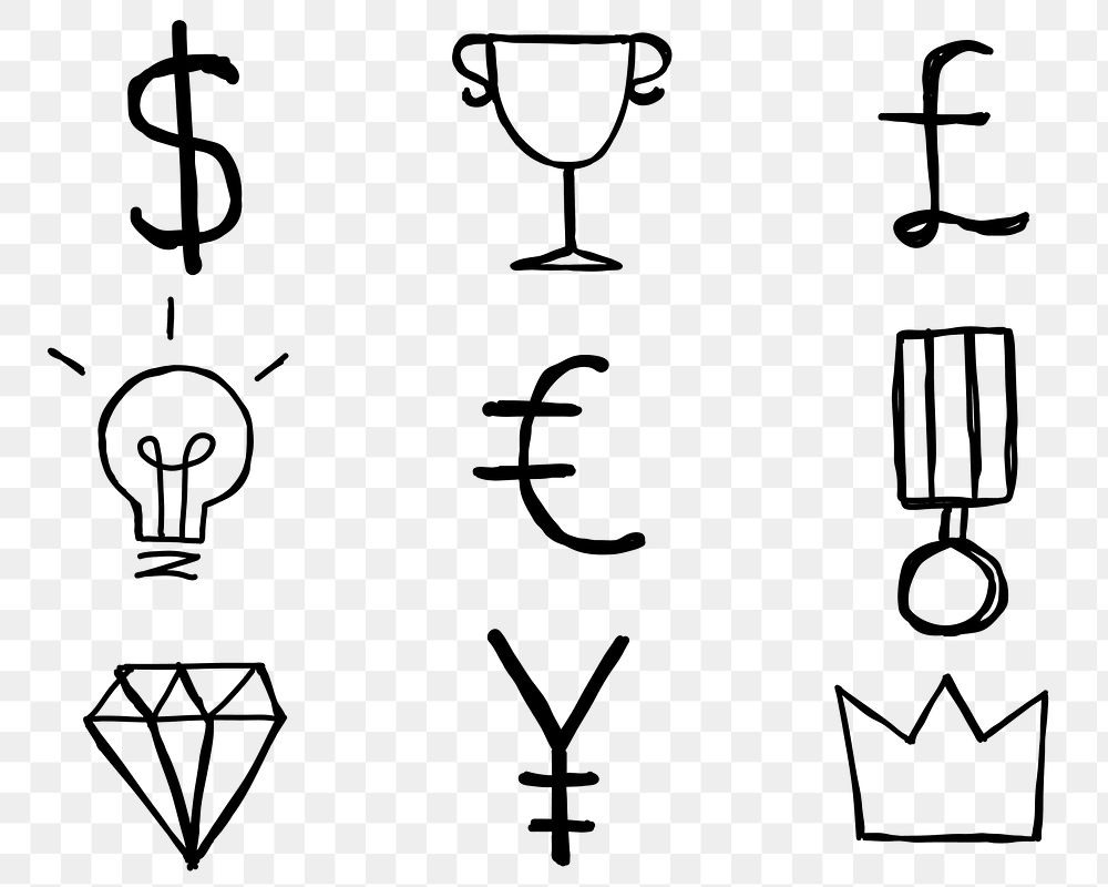 Black png currency symbols icons doodle set