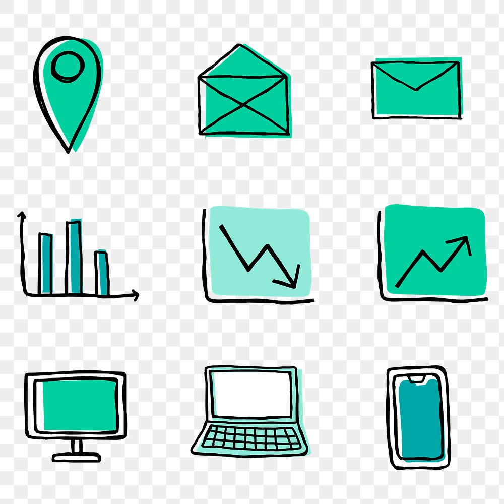Green business icons png with doodle art design set