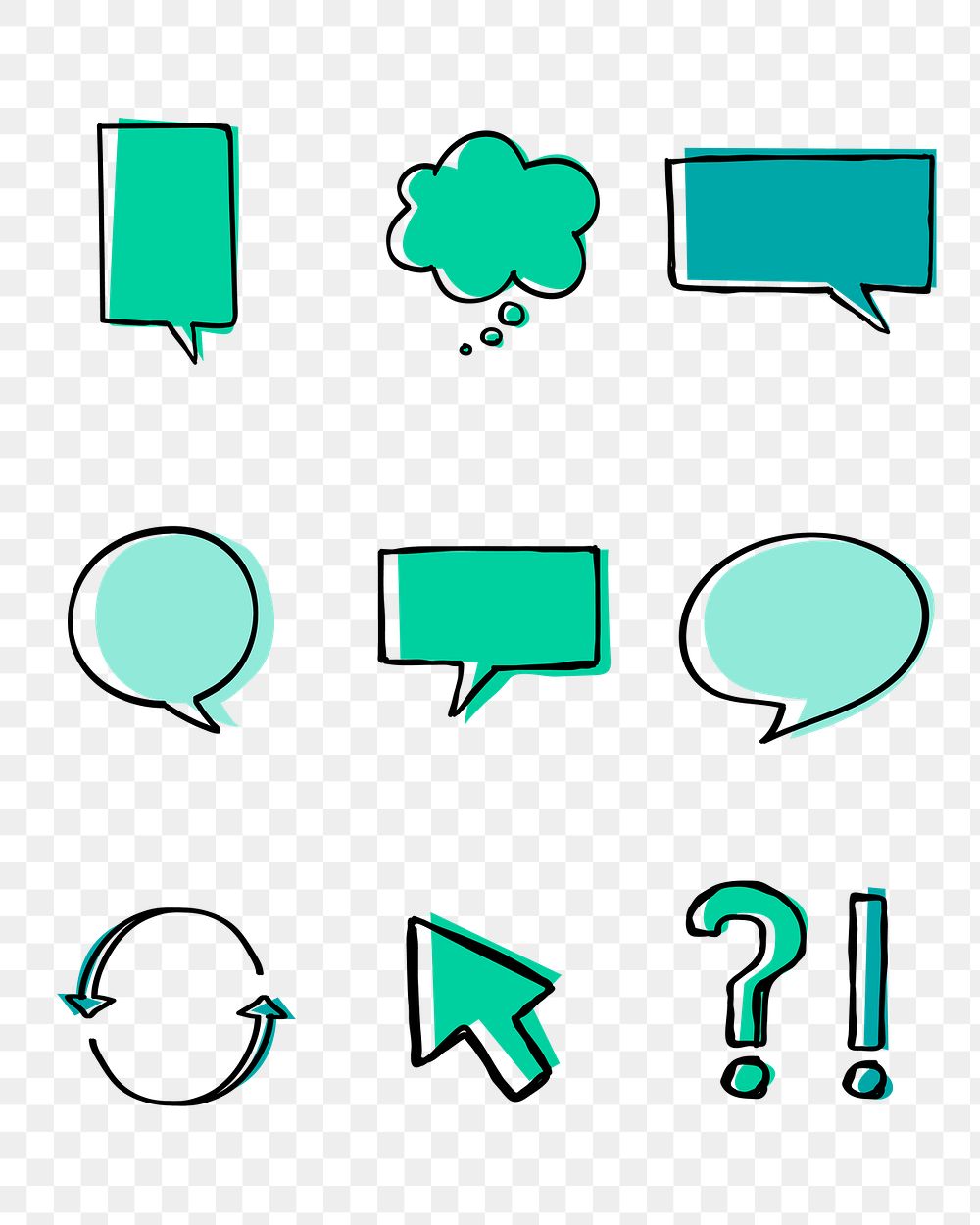 Green speech bubbles png with doodle art design set