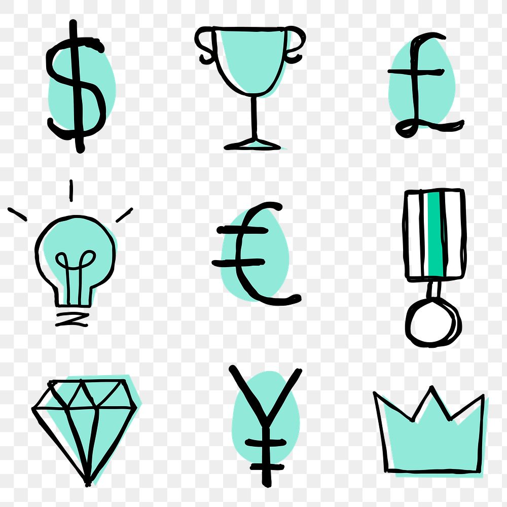 Green png currency symbols icons doodle set