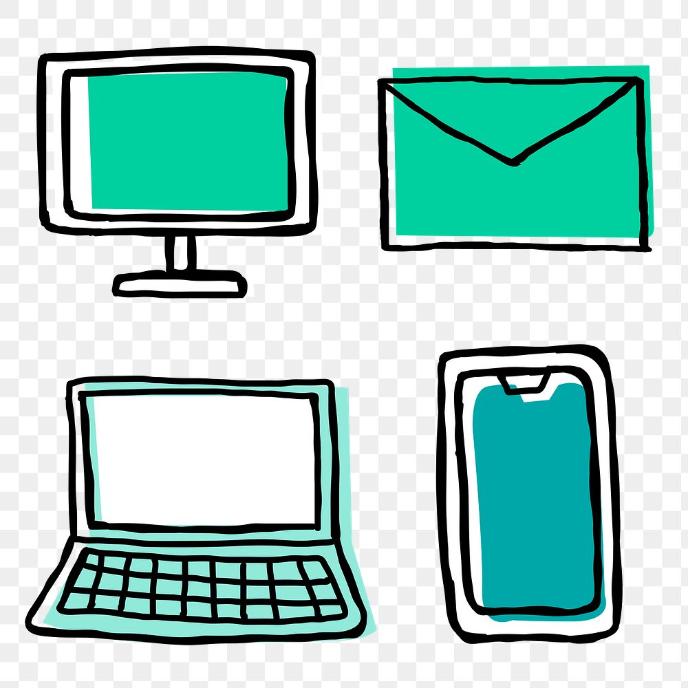 Green computers icons png with doodle art design set