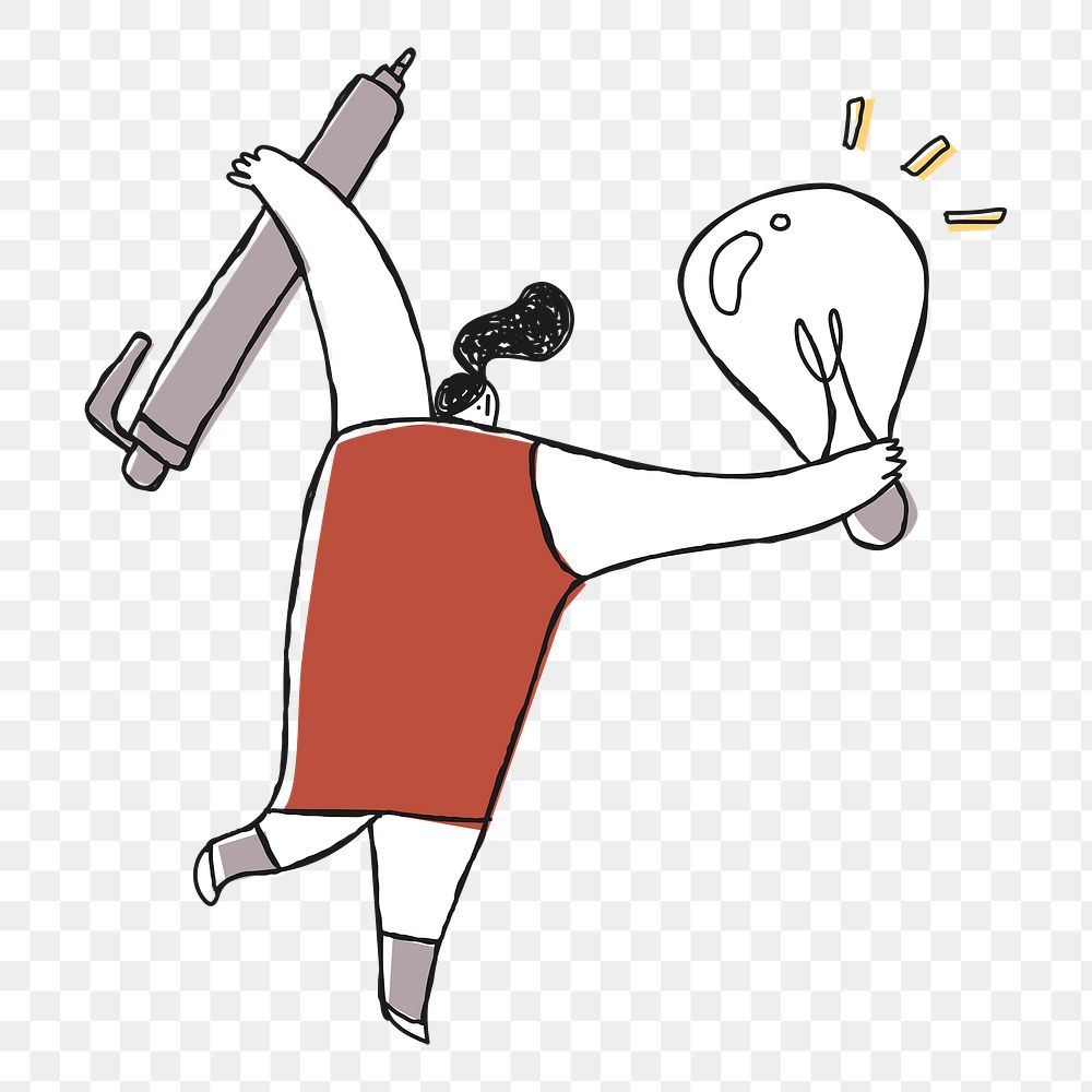 Creative woman png holding pen and light bulb cartoon icon