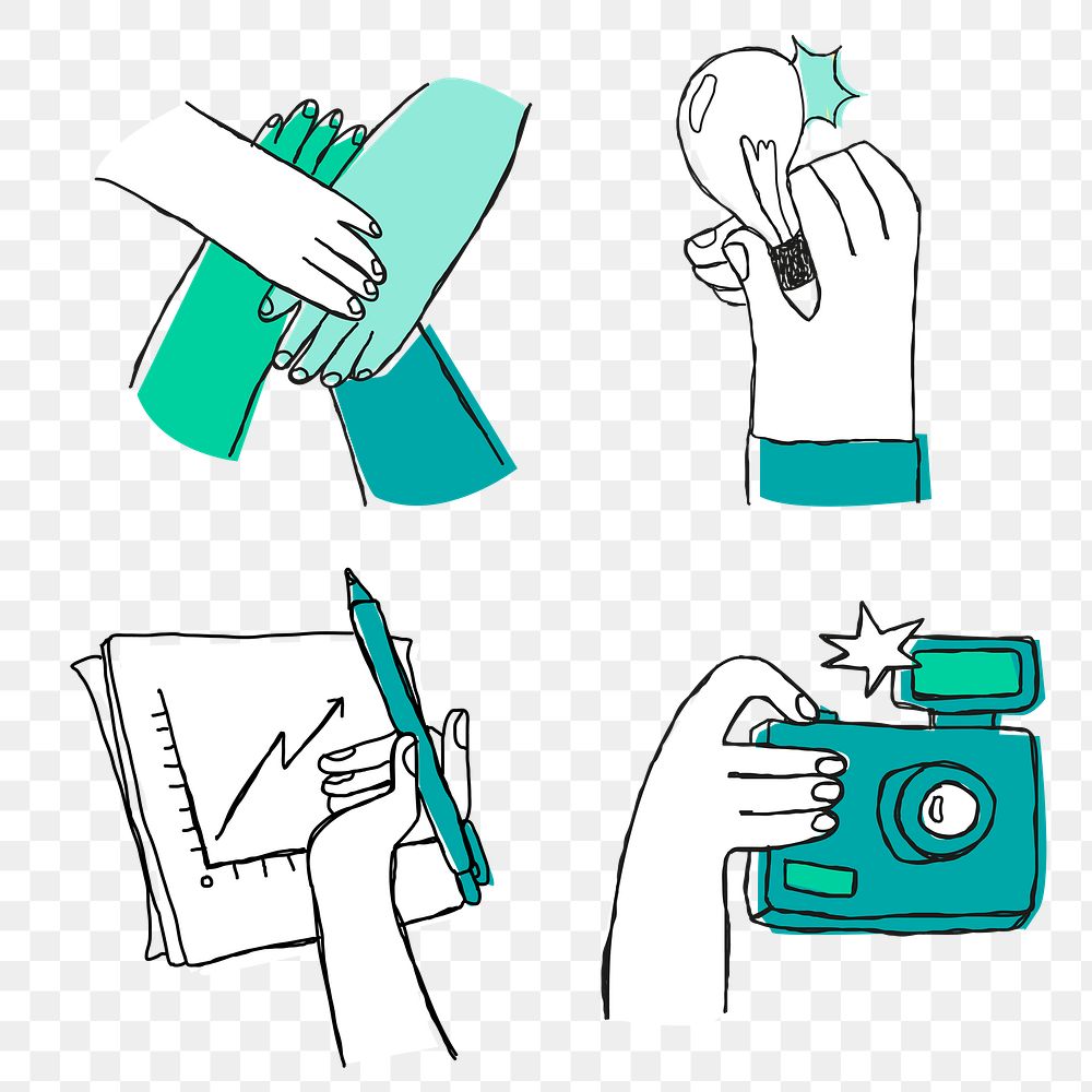 Green hand drawn brainstorming png icons doodle art design set