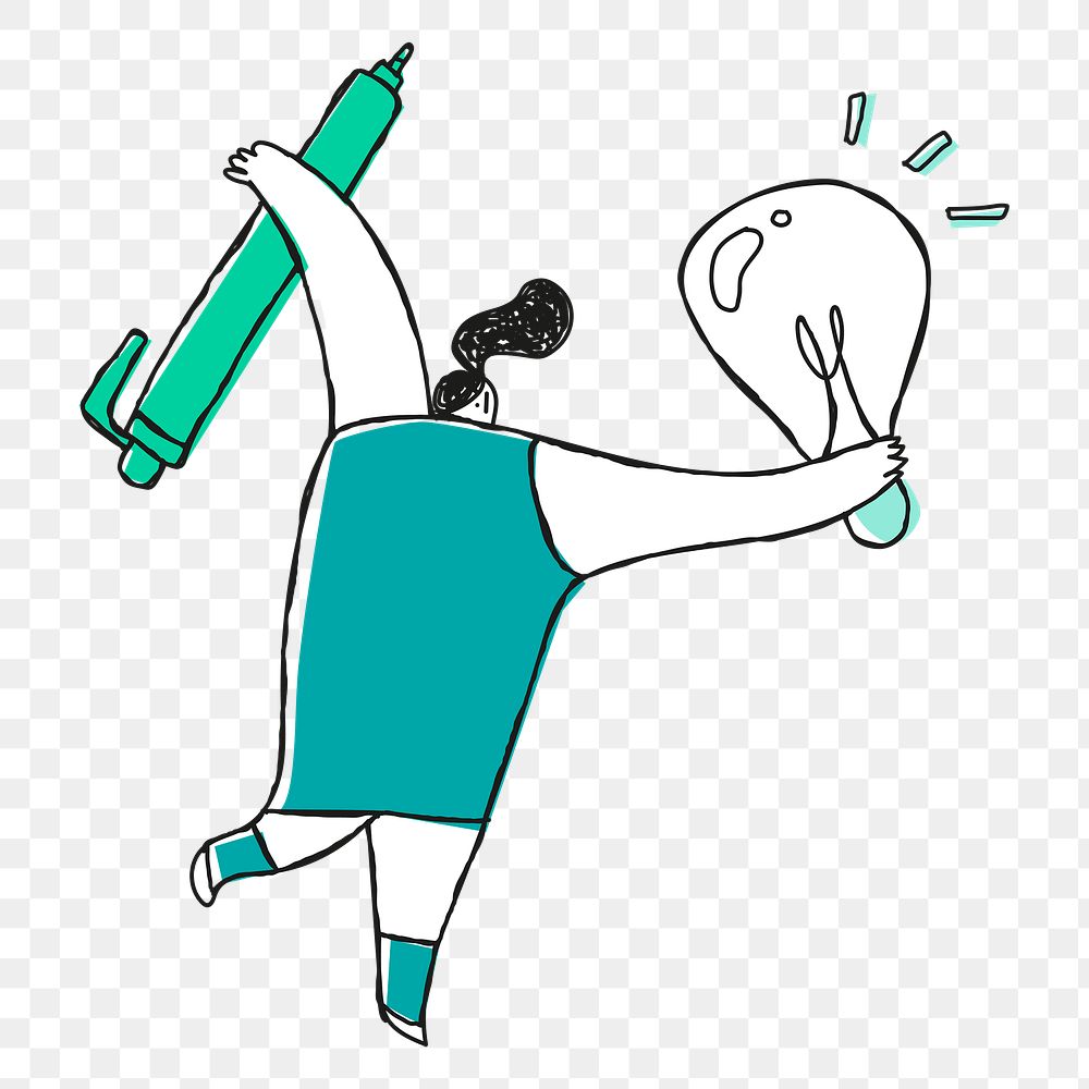 Smart woman png holding pen and light bulb cartoon icon