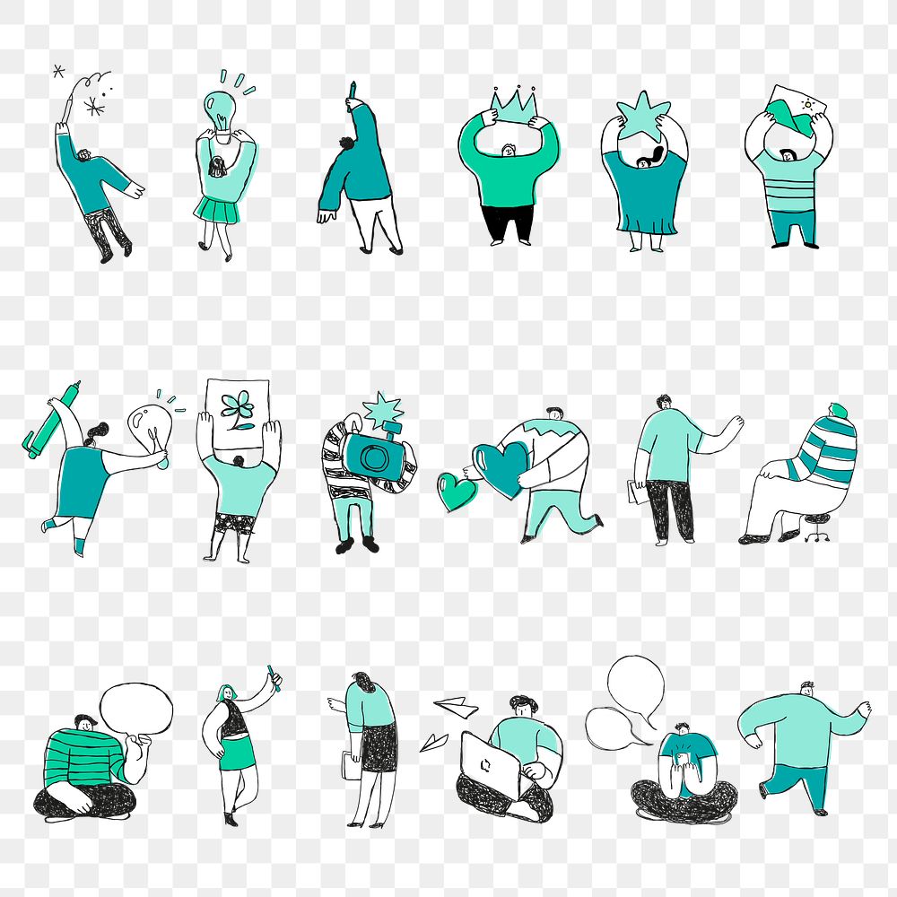 Cute green business png cartoon icons set