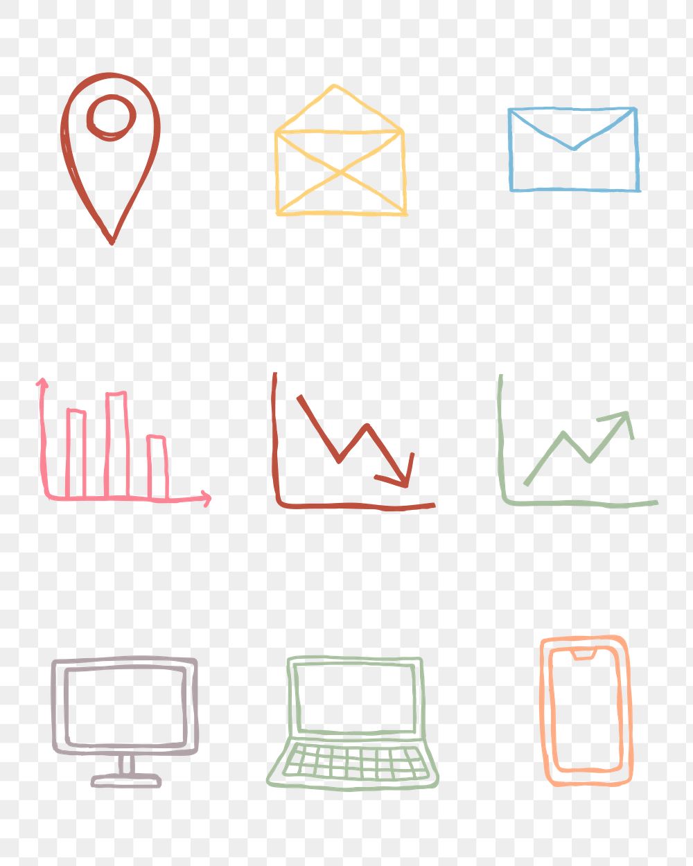 Colorful business icons png with doodle art design set