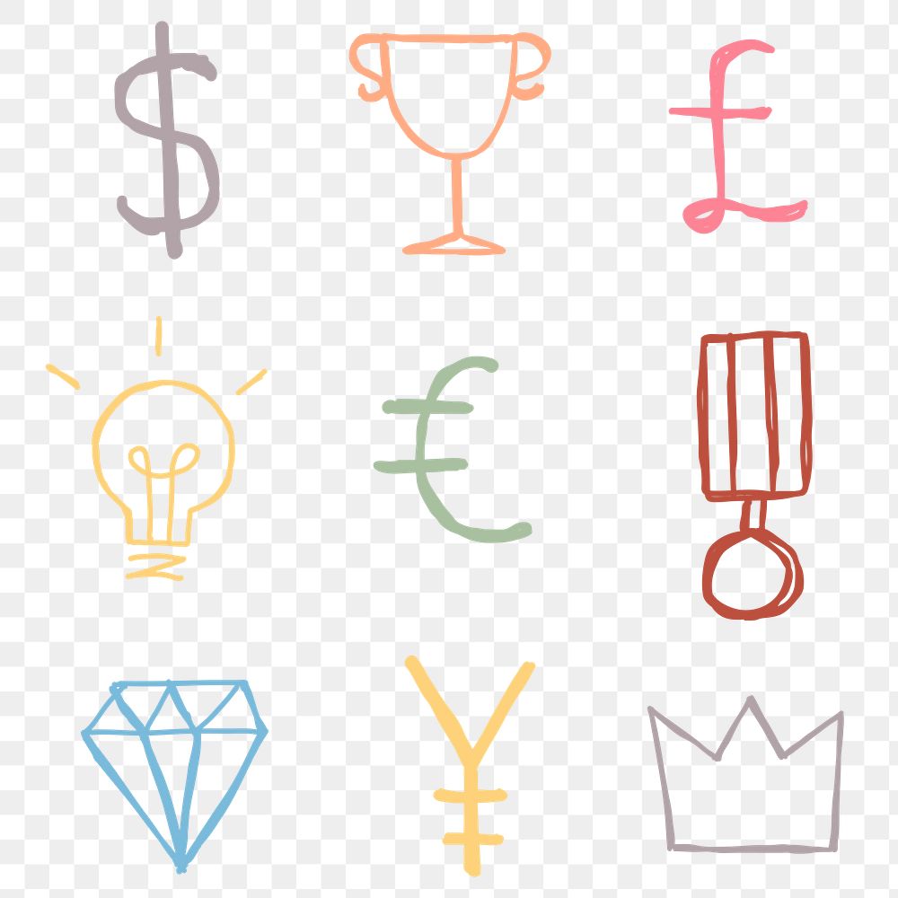 Colorful png currency symbols icons doodle set