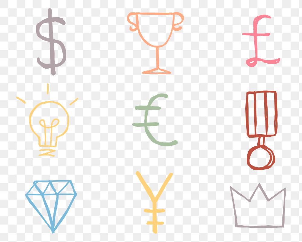 Colorful png currency symbols icons doodle set
