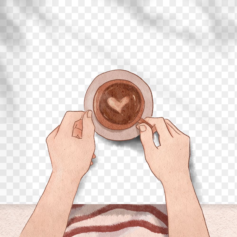 Cute latte art coffee png flat lay hand drawn illustration