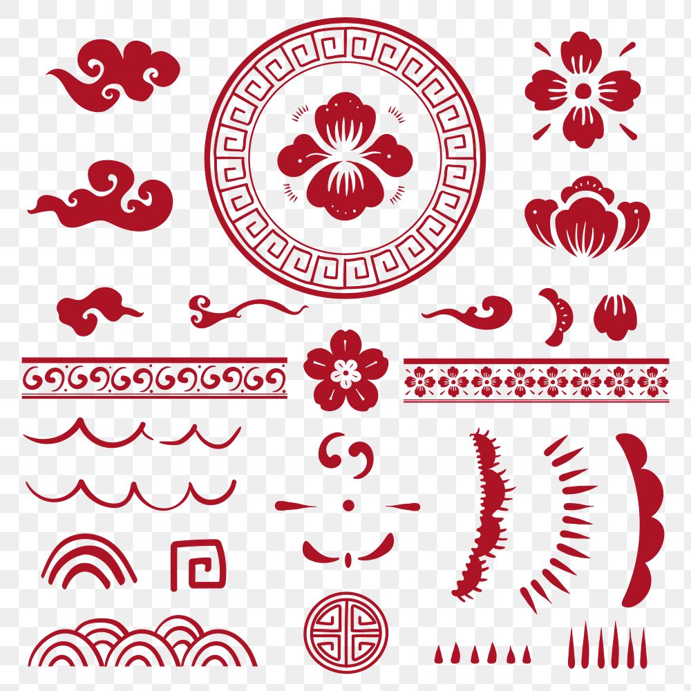 Chinese flowers red png stickers collection