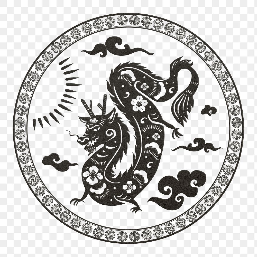 Year of dragon badge png black Chinese horoscope animal
