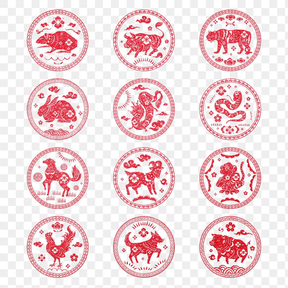 Chinese animal zodiac badges png red new year stickers collection