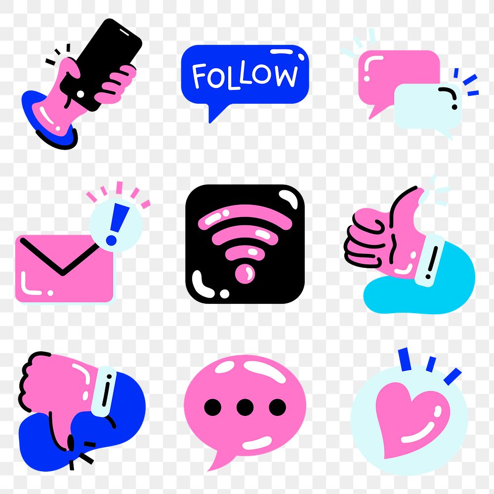 Png funky social media icon set in colorful pink