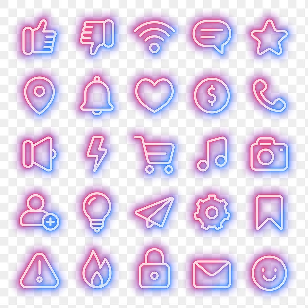Neon pink icon png set for social media on transparent background