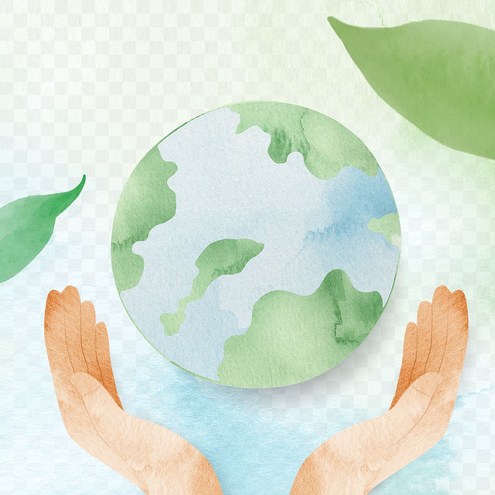 Png environment conservation watercolor background with hands protecting the world