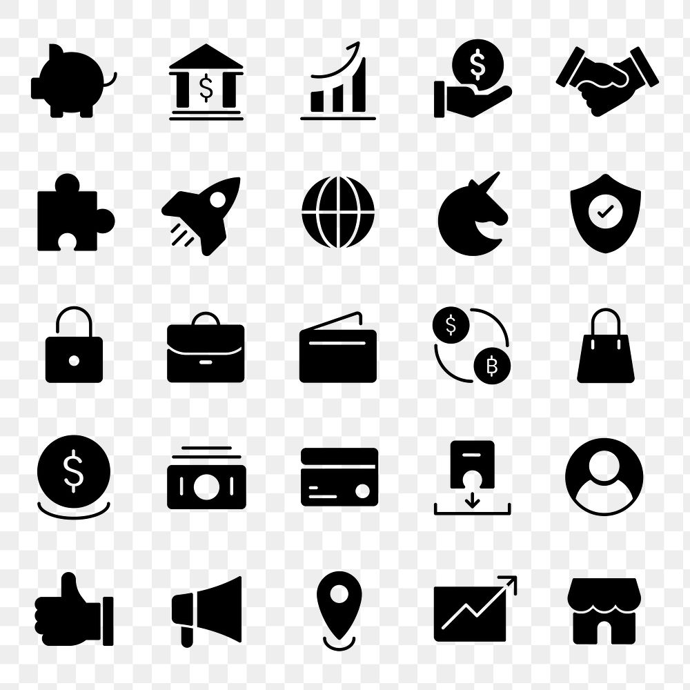 Business png icons black flat design set