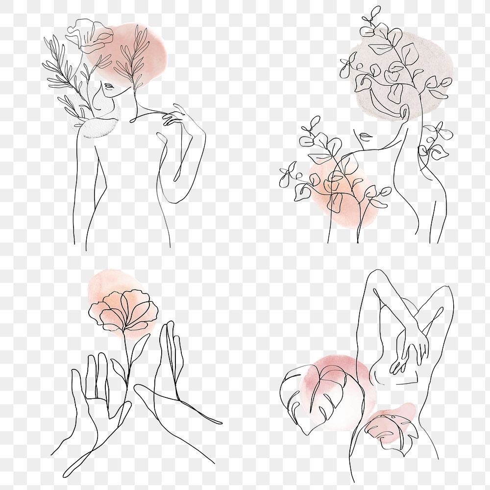 Png floral woman abstract line art pastel illustration set