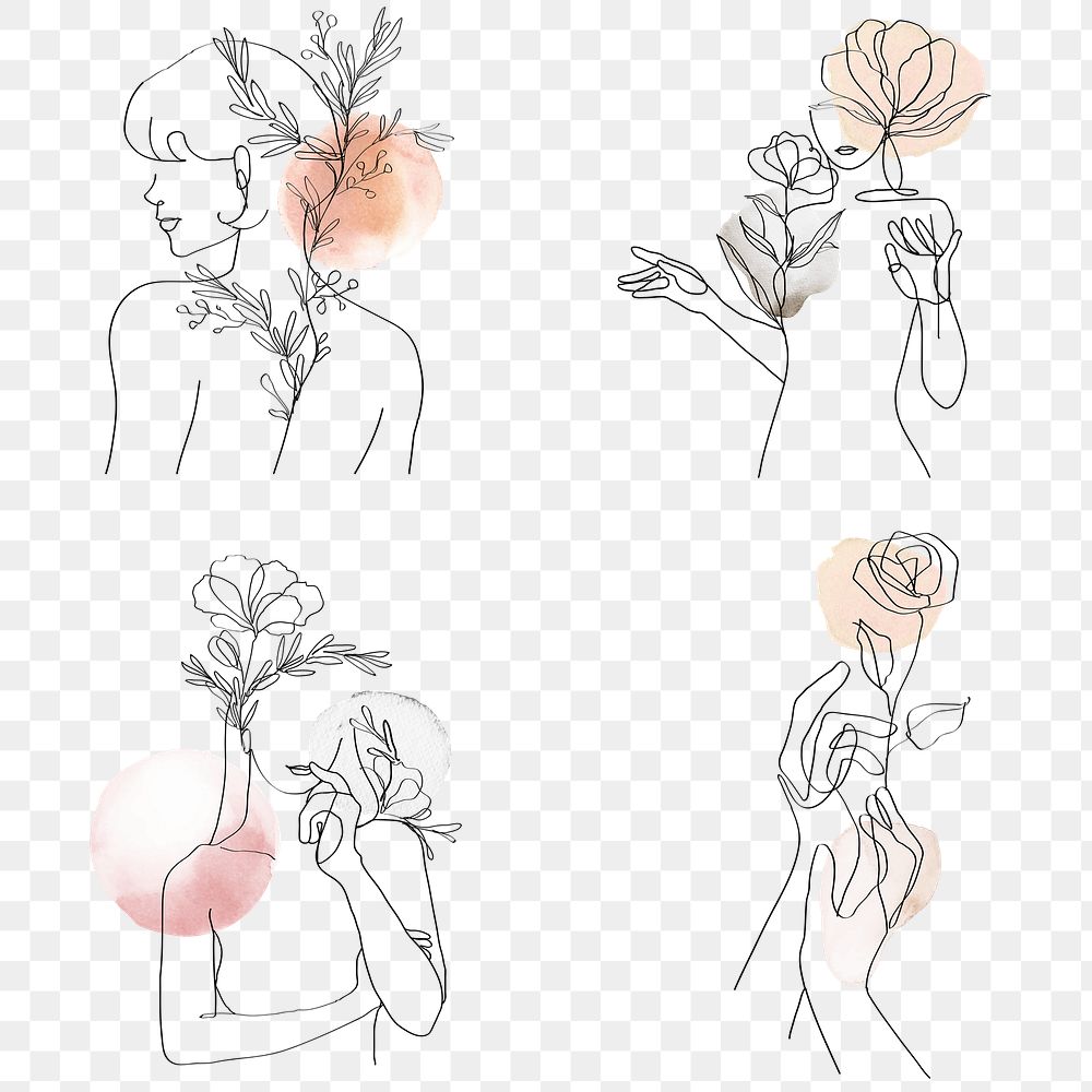 Png floral woman abstract line art pastel illustration set