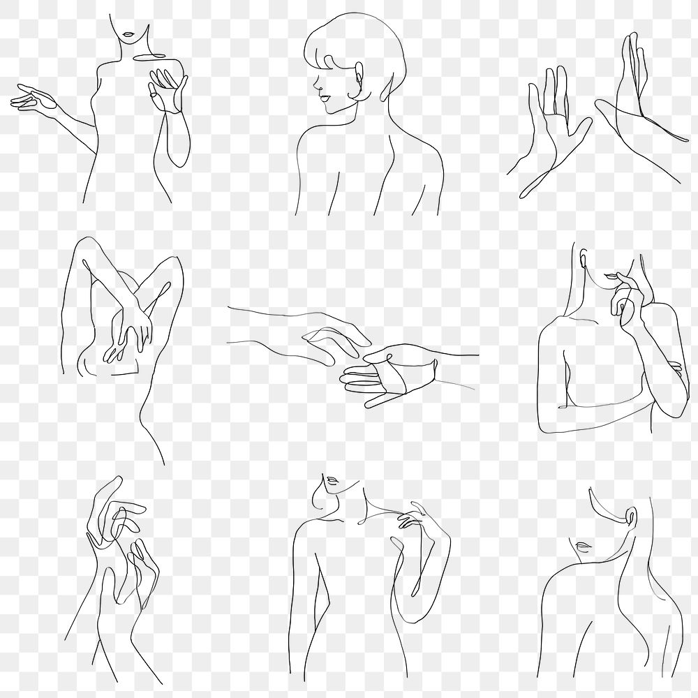 Png woman&rsquo;s body gestures feminine line art black illustration set