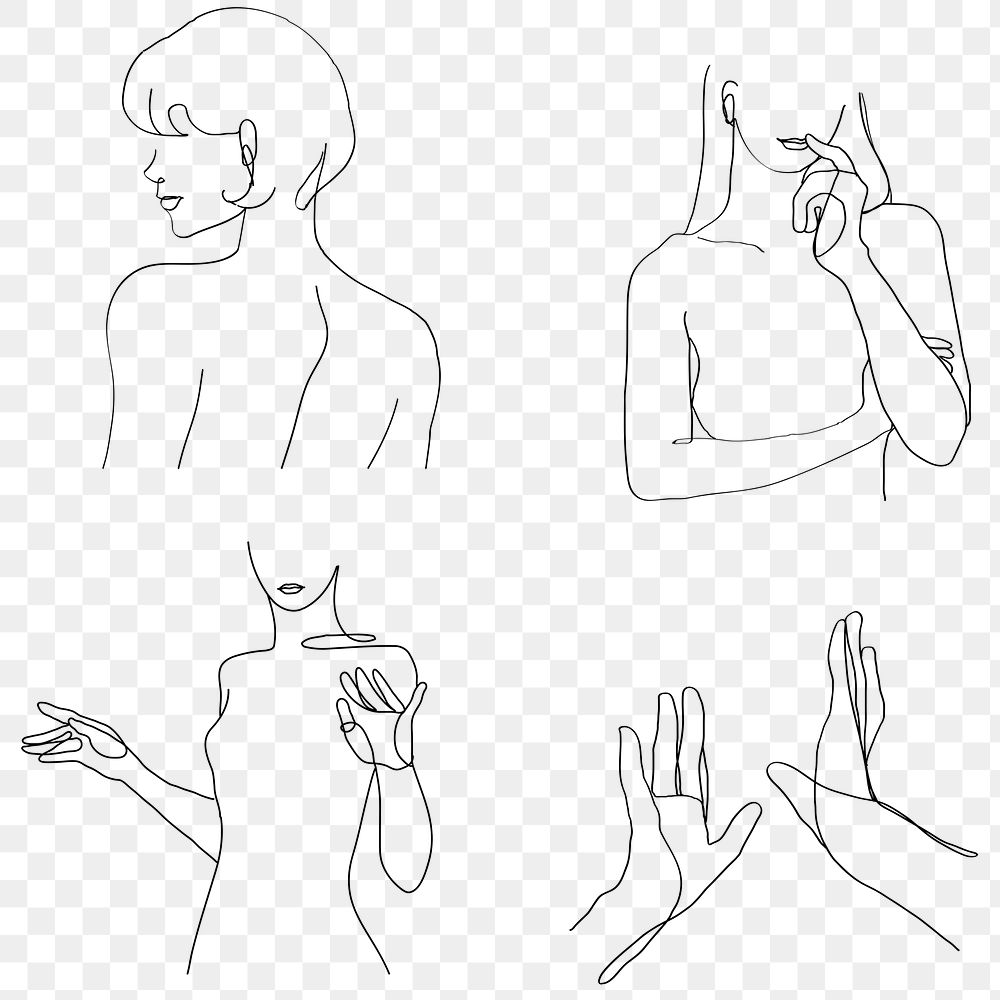 Png woman&rsquo;s body gestures feminine line art black illustration set