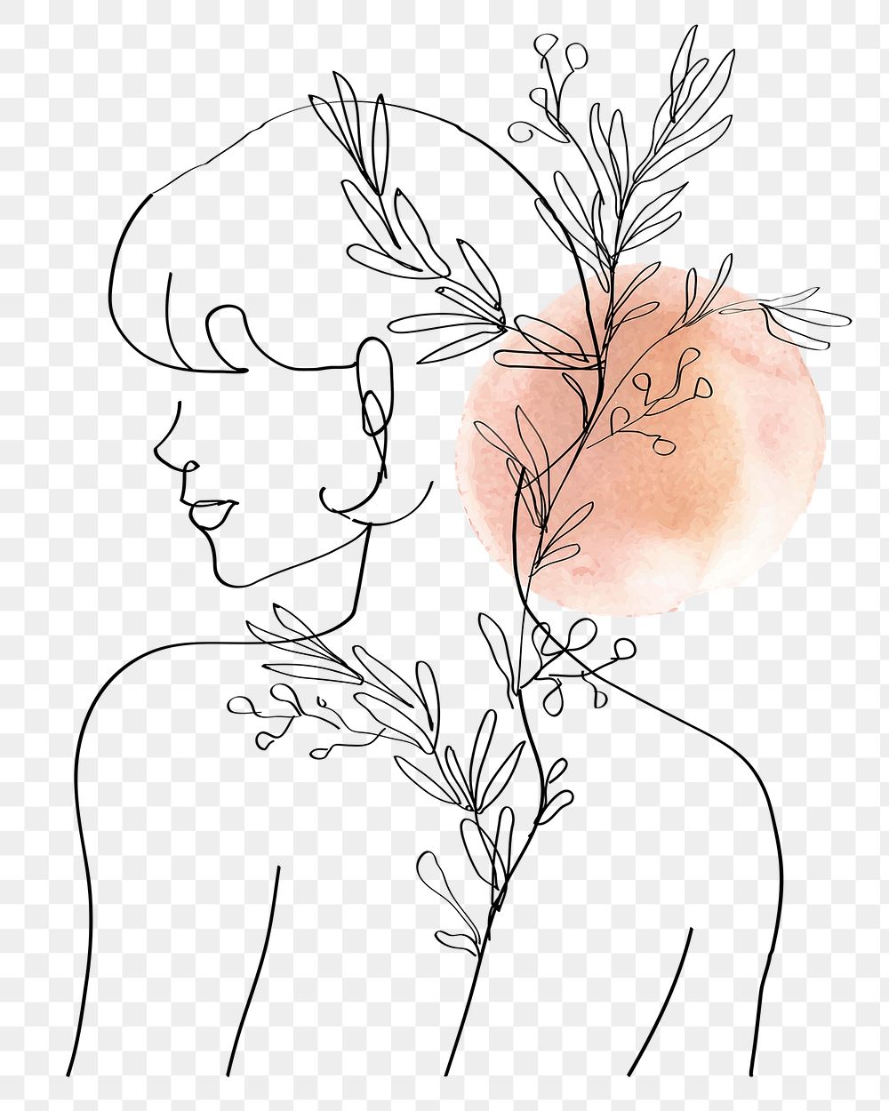 Png woman&rsquo;s body with flowers pastel orange feminine line art illustration