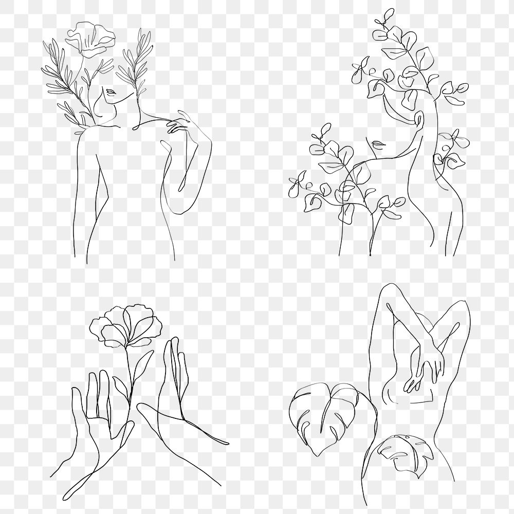 Feminine png woman and flowers minimal line art black illustration collection