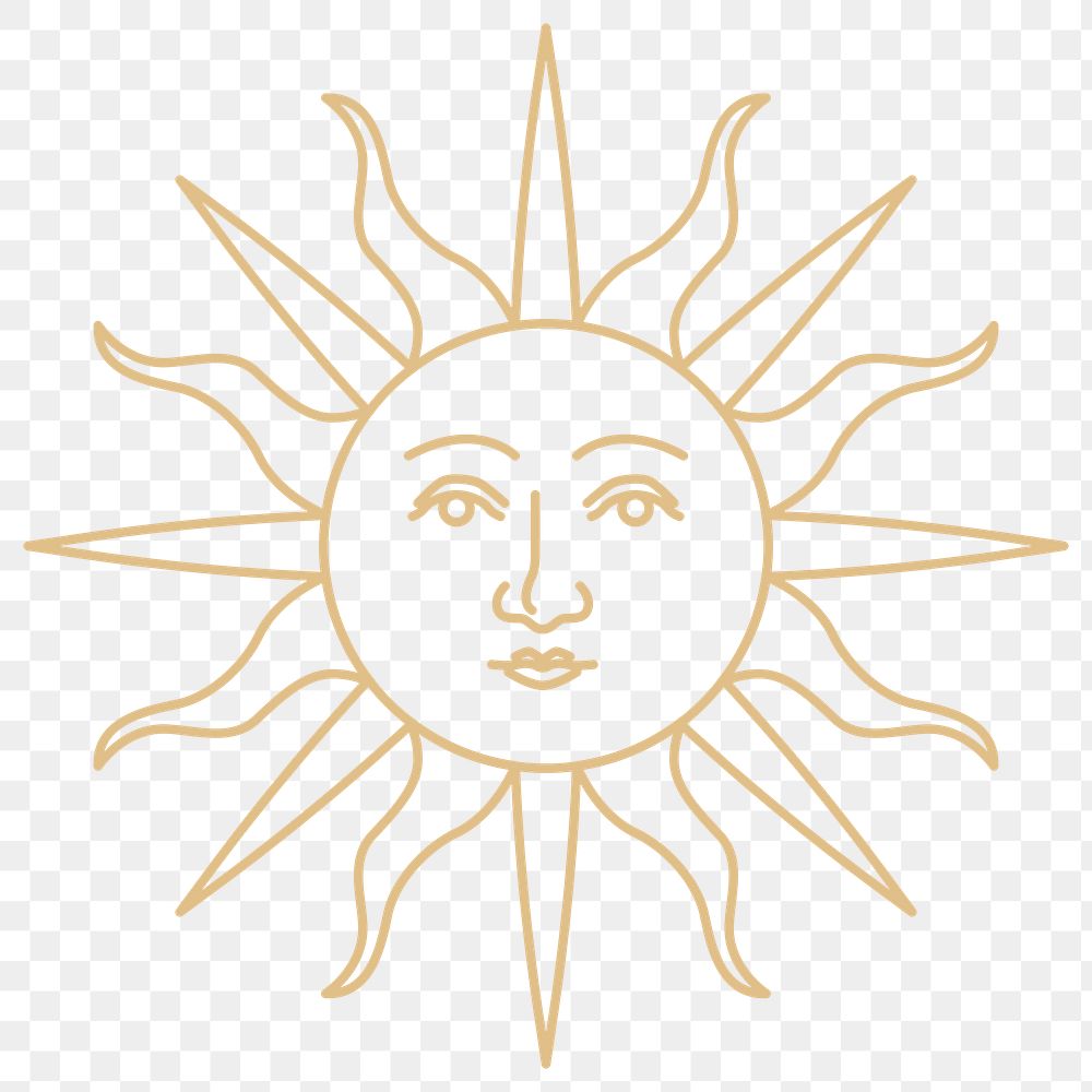 Png celestial sun with face golden antique linear style