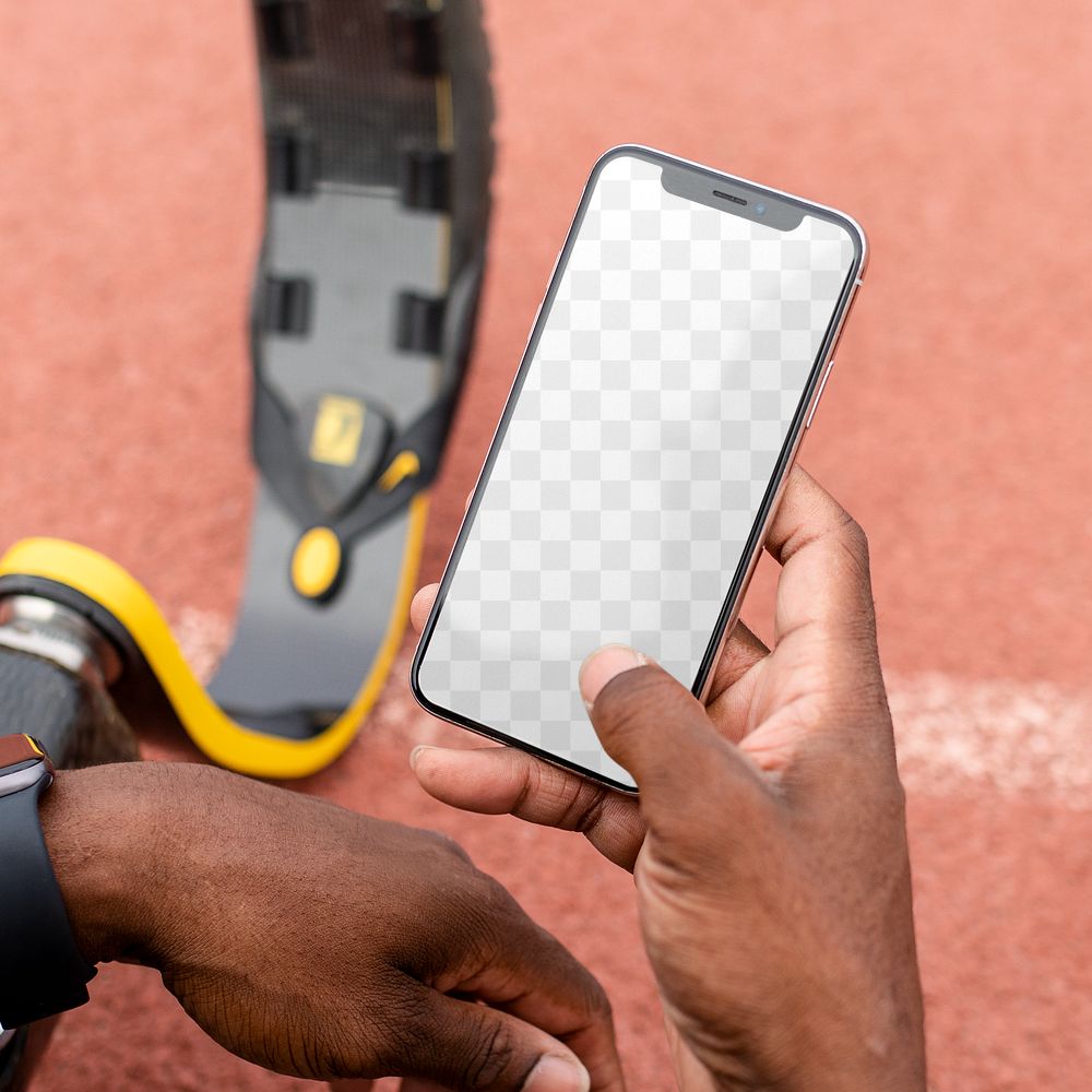 iPhone png mockup blank screen being held by an athlete with prosthetic legs on a running track