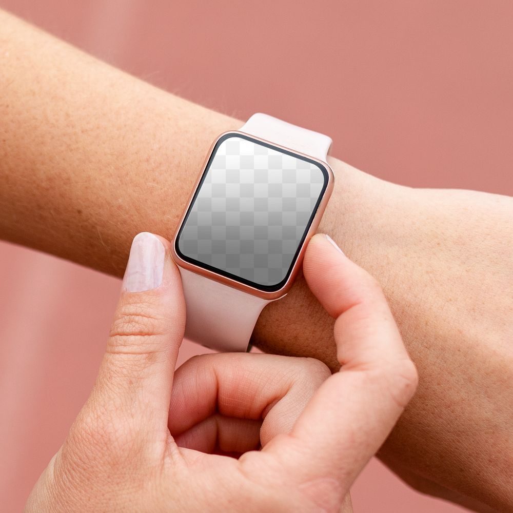 Pink smartwatch png on being used by a woman 