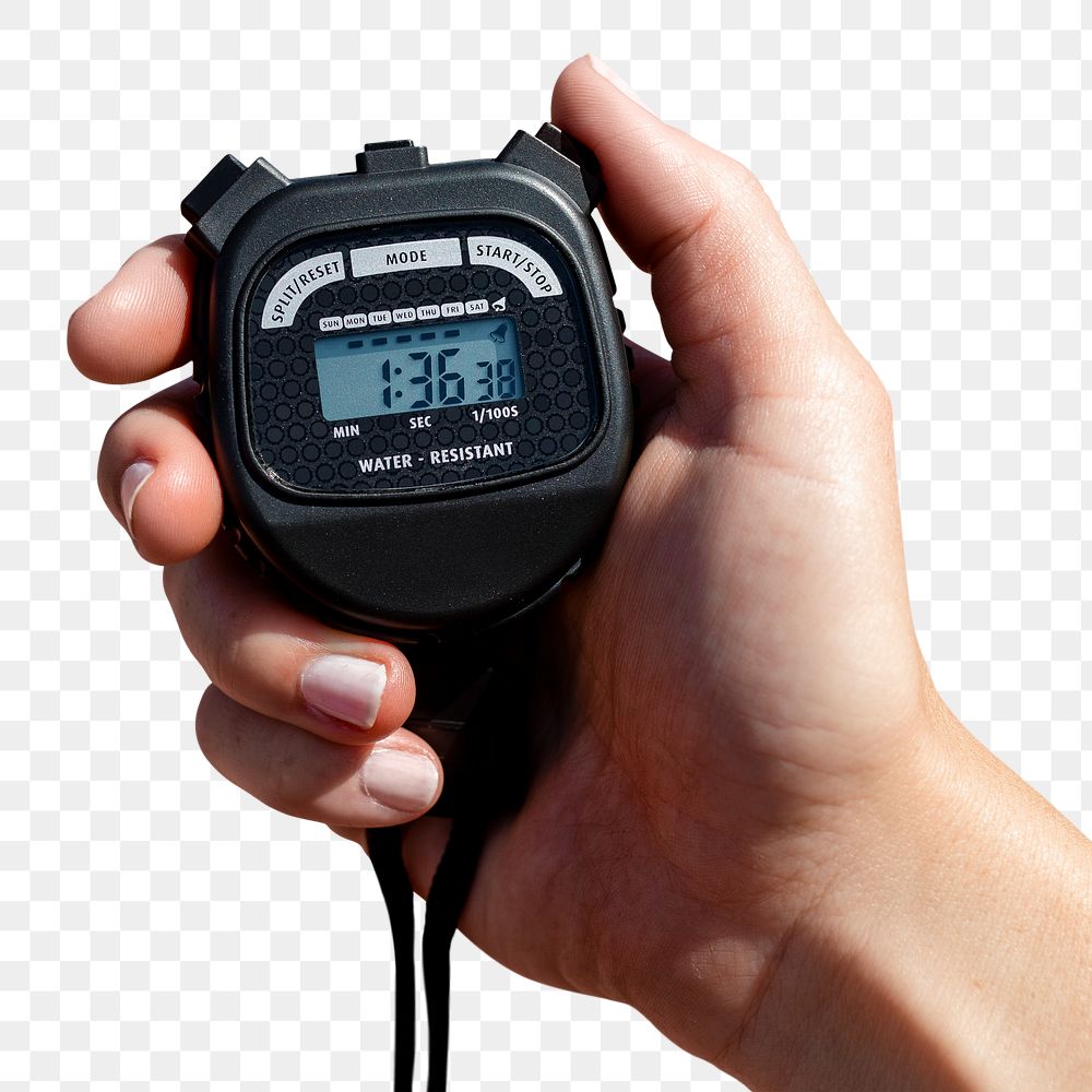 Hand holding stopwatch png on transparent background 