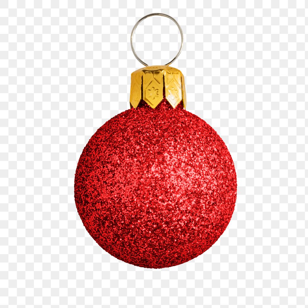 A glitter red ball Christmas ornament on transparent